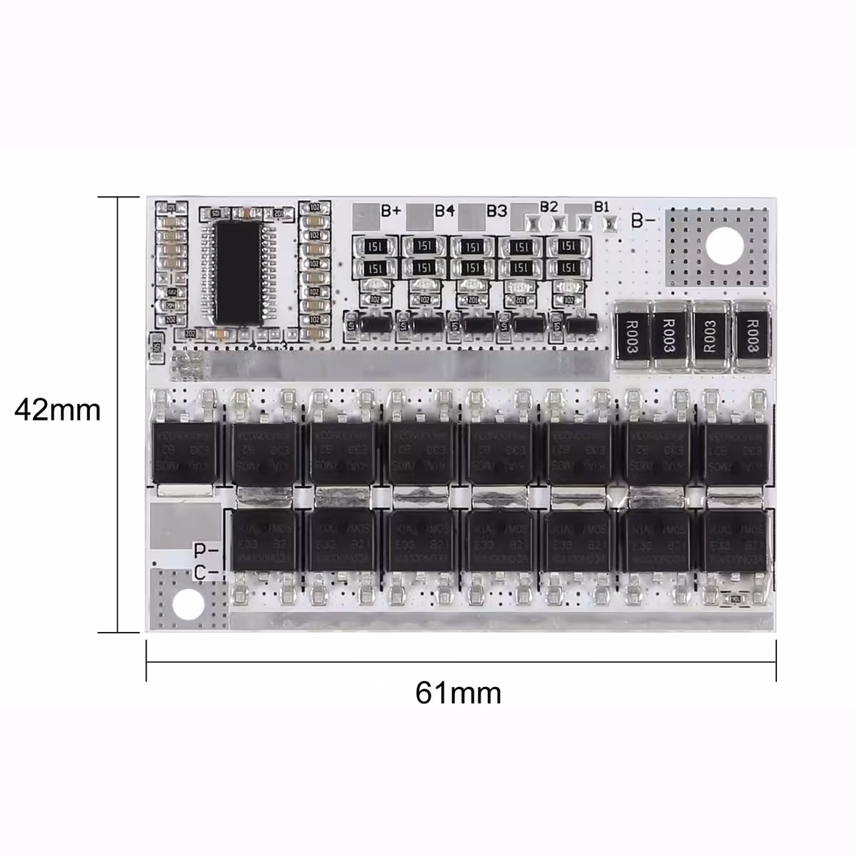 Yksityiskohtainen kuva BMS-levystä mitat merkittynä