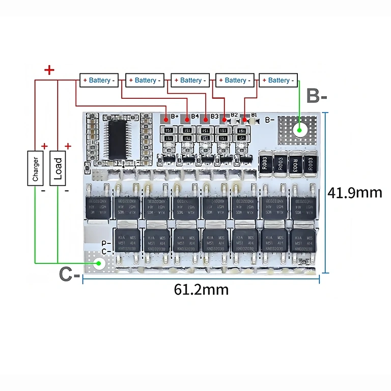 BMS 5S 100A moduulin asennuskaavio BMS 5S kytkentäkaavio Li-Ion-solujen oikeaan asetukseen
