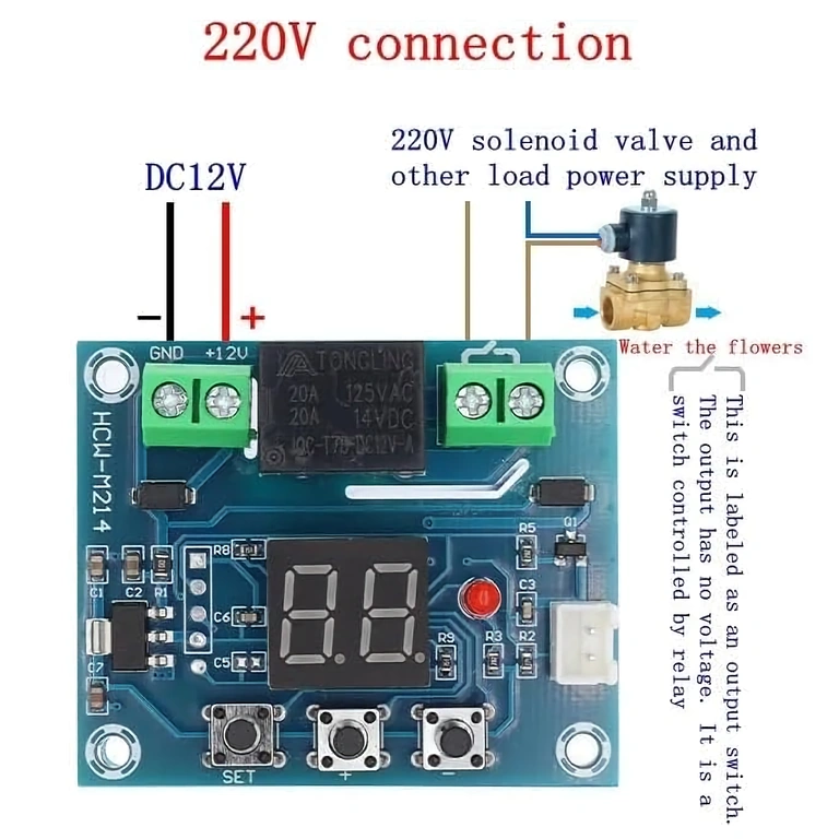 XH-M214 kytketty 220V verkkoon solenoidin ohjausta varten