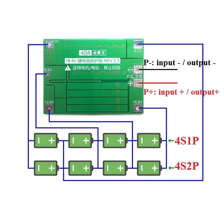Asennussähkökaavio BMS 4S 40A Li-ion akuille