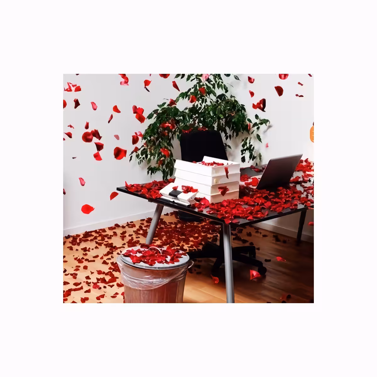 Punaiset tekoruusunterälehdet pöytien koristeluun häissä