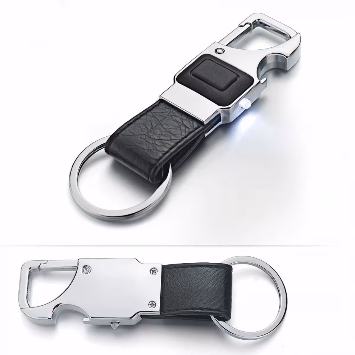 Modernille miehelle avaimenperä: LED, avaaja, nahka