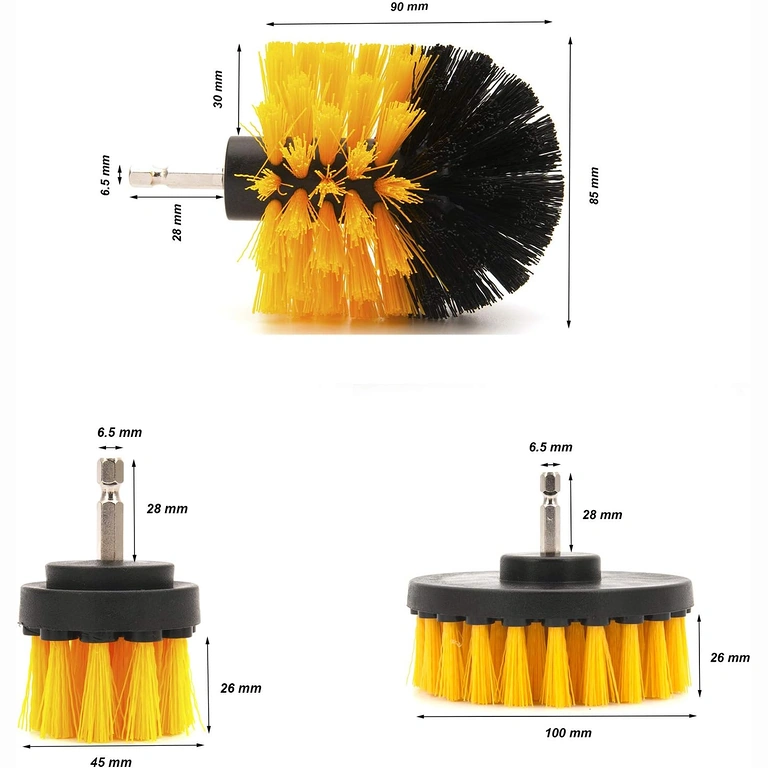Kuva 3 harjasta ja niiden mitoista: 12 cm, 8,5 cm, 5 cm