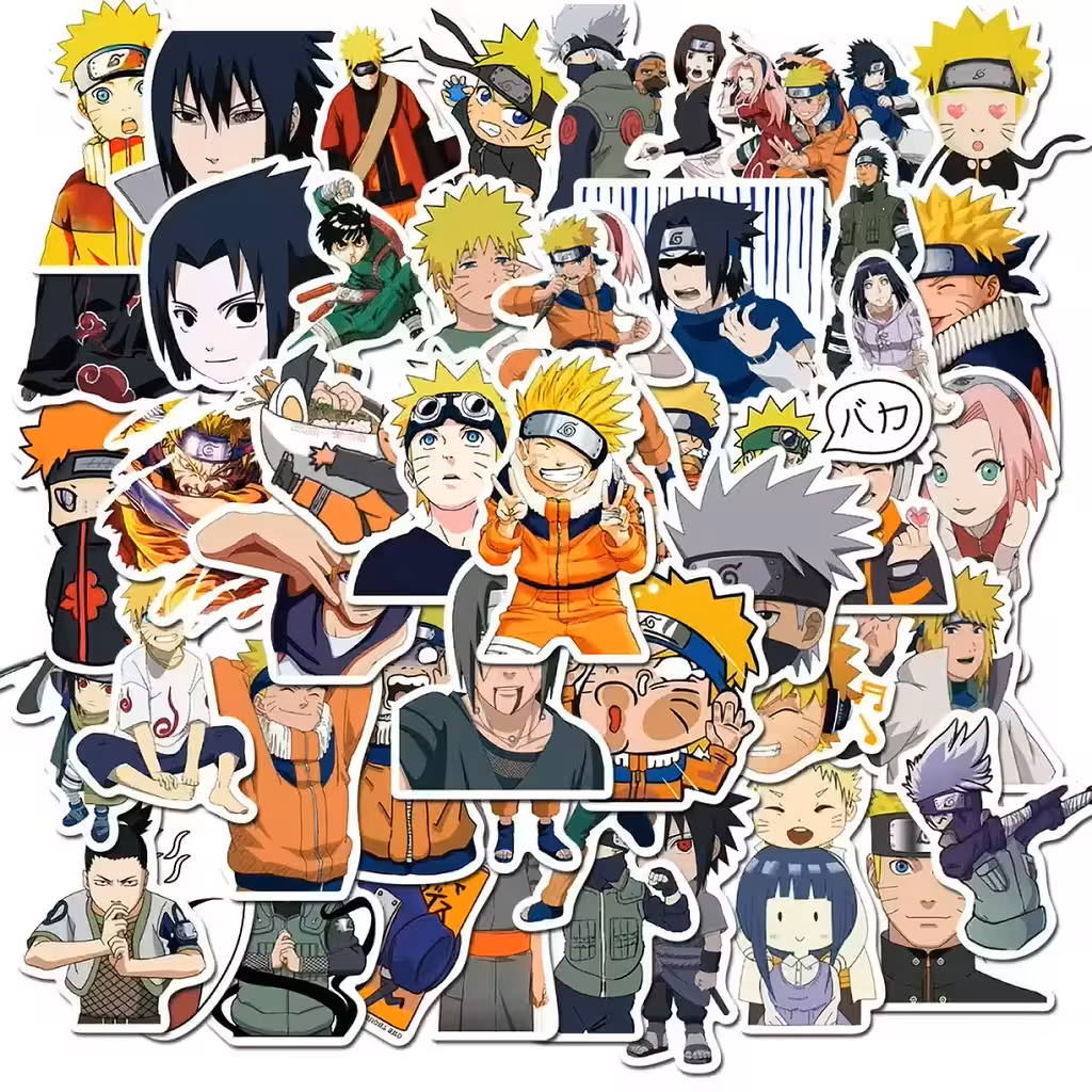 Naruto Shippuden -tarra-arkki – 50 kpl PVC-tarrat, kestävä, kannettavat, pyörä, skeitti ja pelikonsoli