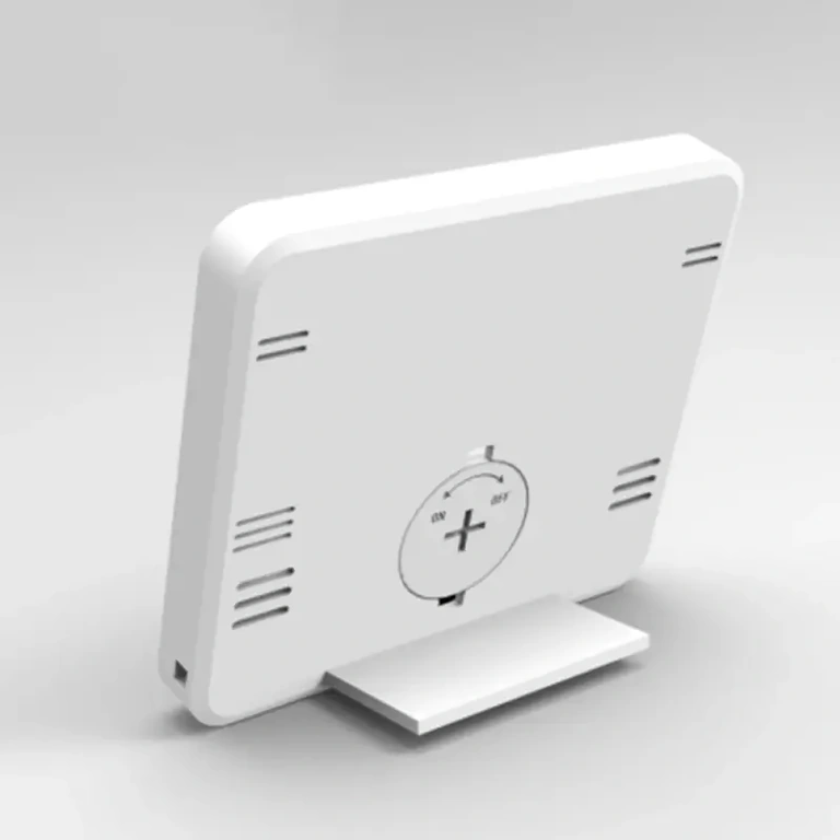 Valkoinen laite lämpötilan ja kosteuden mittaukseen Digitaalinen lämpö- ja kosteusmittari, kompakti ja valkoinen