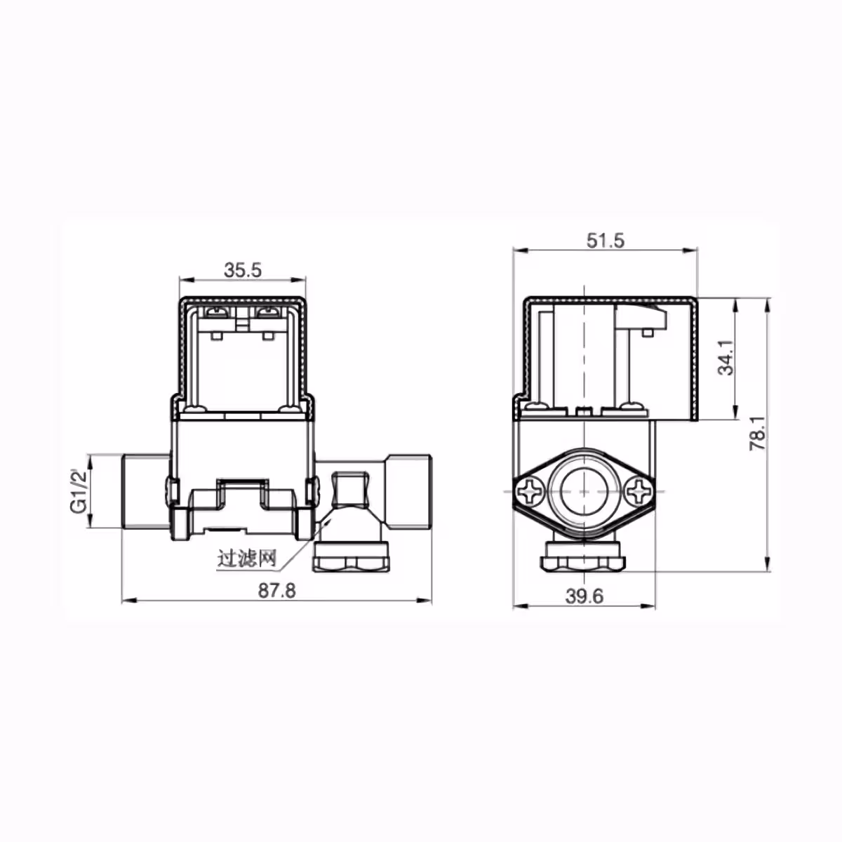12V normaalisti suljettu sähköventtiili irrotettavalla suodattimella ja muovisuojalla