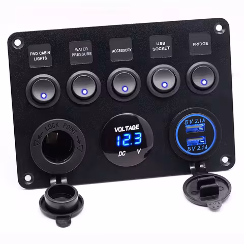 5-painikkeen auton kytkinpaneeli, voltmetri, pistorasia ja USB-laturi – 12V/24V, IP65