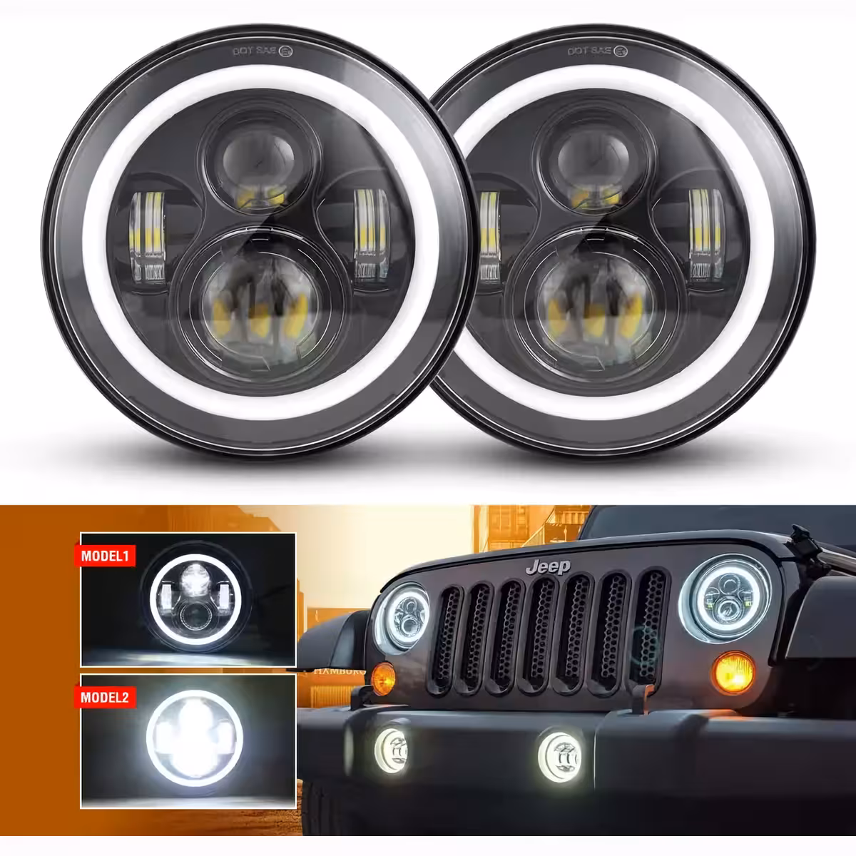 Halo LED-ajovalo Jeepille, sijainti, kauko/lähivalot ja vilkku