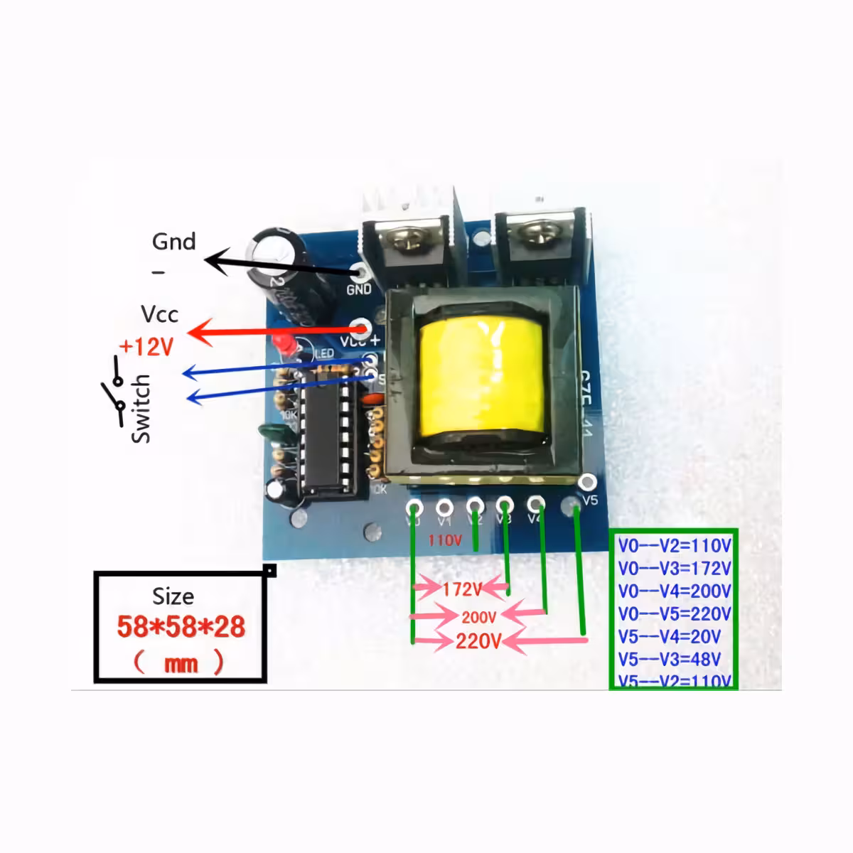 Piirilevy, jossa useita AC-lähtöjä yhdestä DC-lähteestä