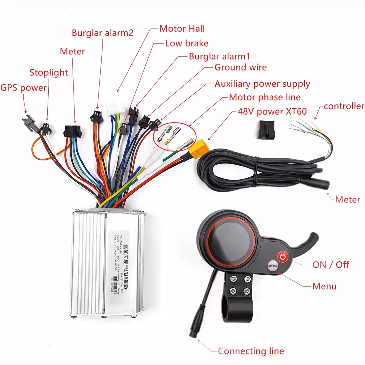 Täydellinen 48V kontrolleri + kaasu kahva sähköpotkulautoihin