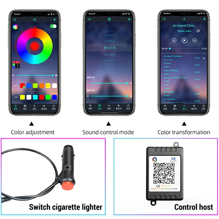 RGB LED-nauha autojen ympäristön valaistukseen Joustava RGB-LED-nauha auton sisätilaan