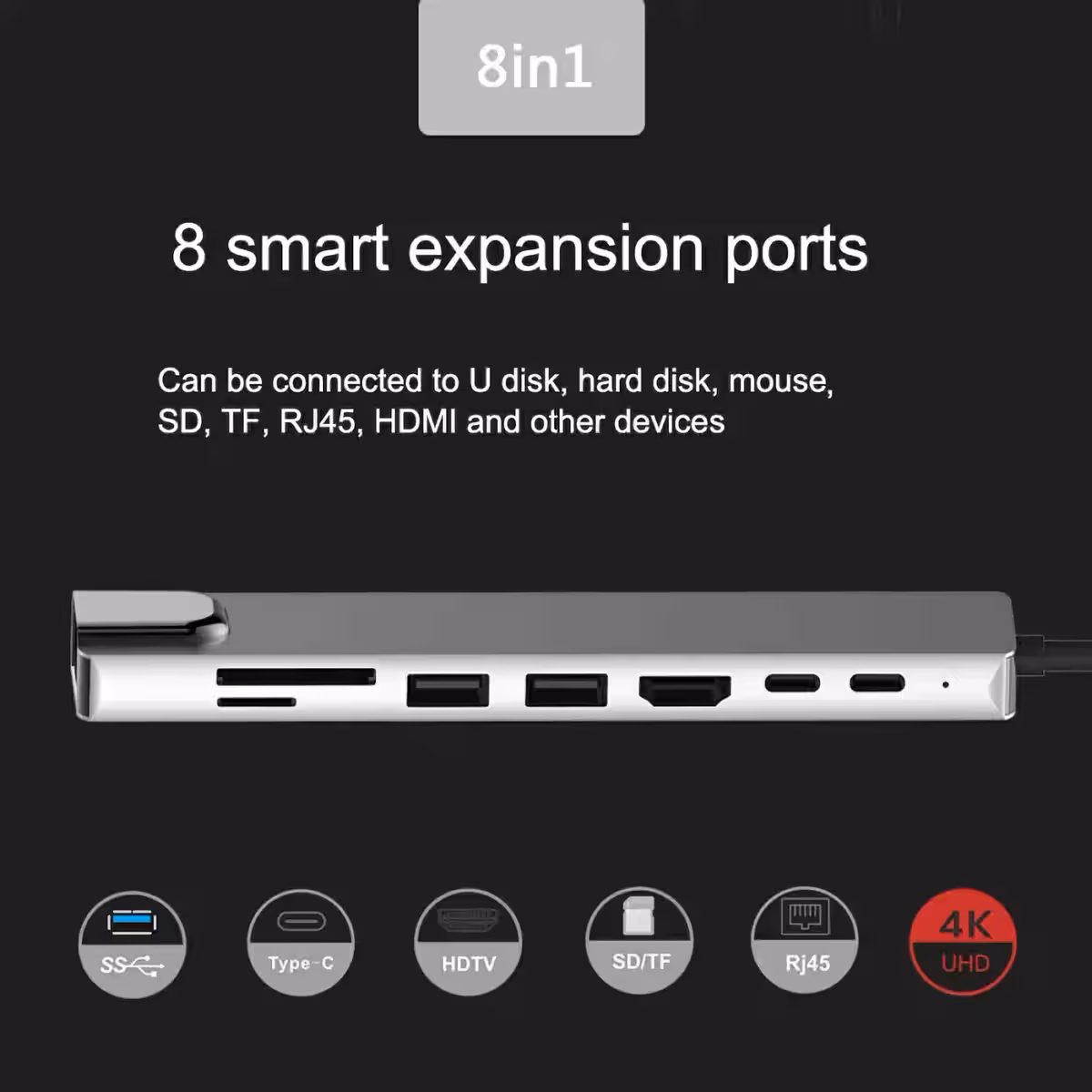 8-in-1 docking station HDMI, RJ45, USB ja kortinlukija