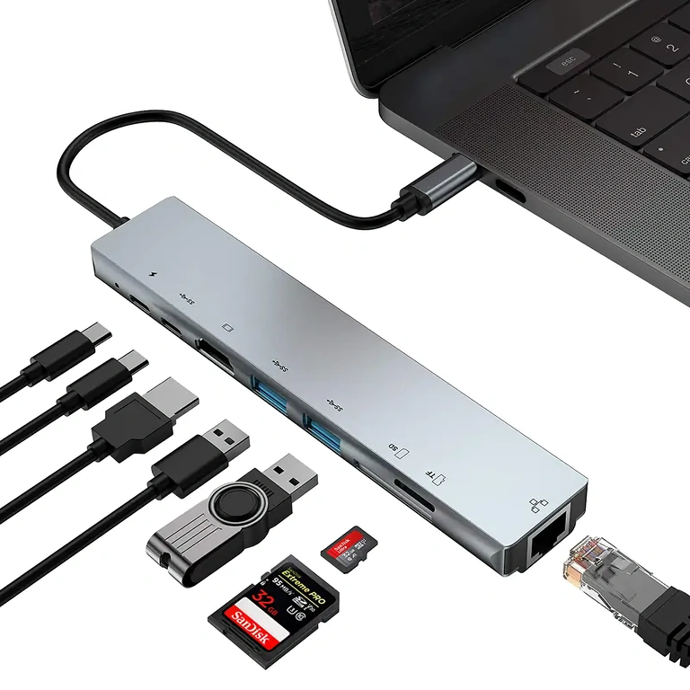 Monitoimi USB-C-adapteri kannettavalle USB-C-adapteri HDMI, RJ45, USB ja kortinlukijalla kannettaville