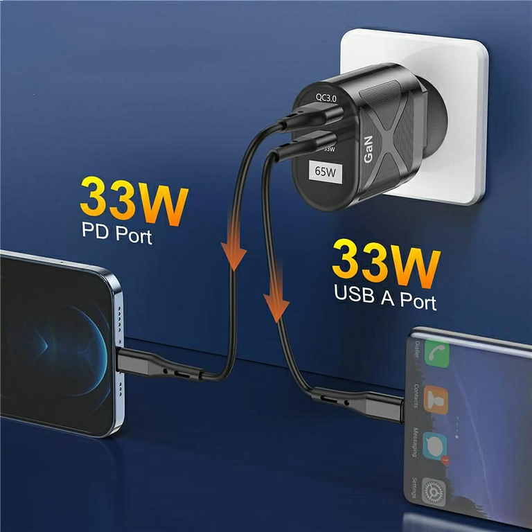 Kompakti laturi kahdella portilla Kompakti GaN-laturi USB-C ja USB-A porteilla, matkakäyttöön