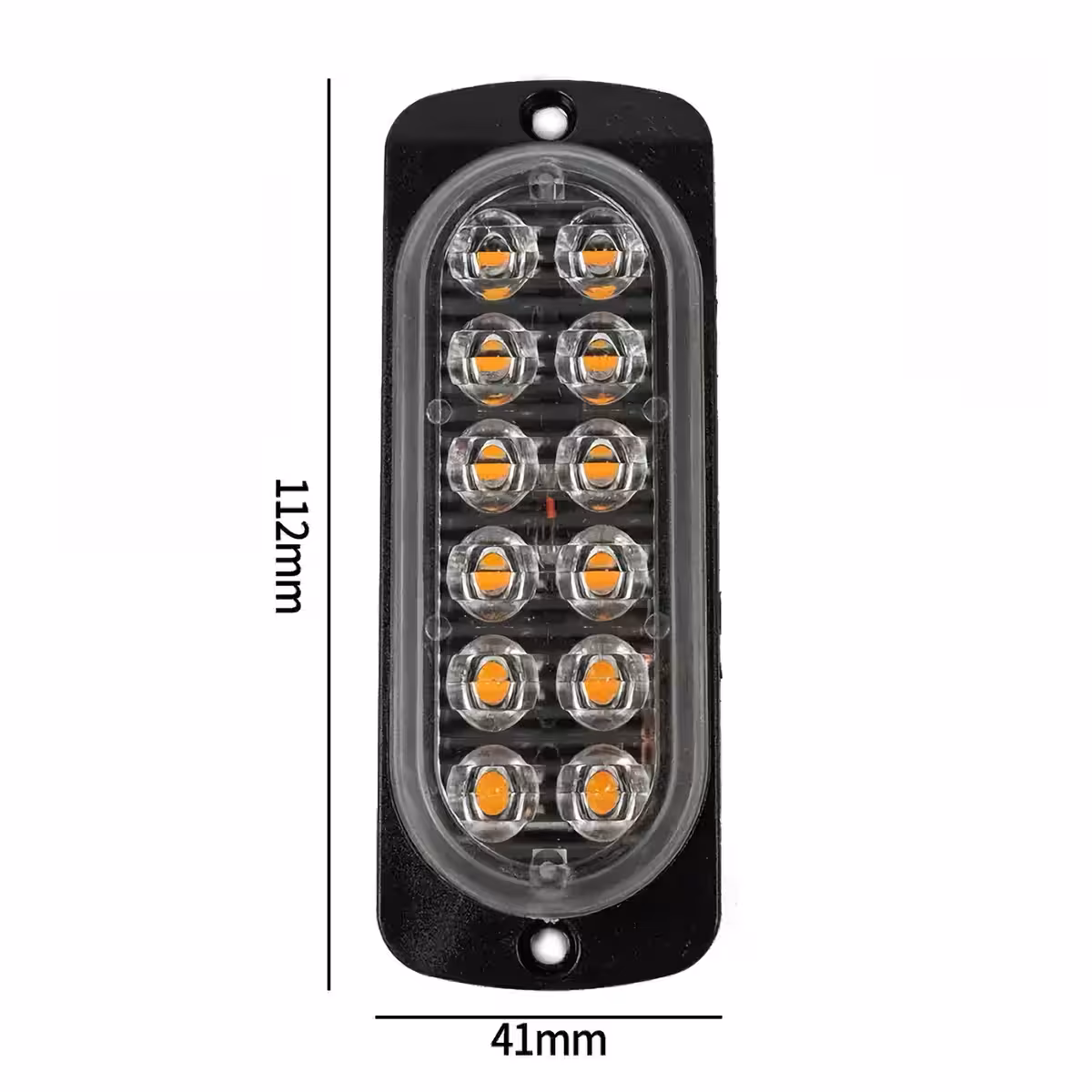 Kuva LED-keltaisstroboskoopin mitoista, asennus etupuskuriin tai säleikköön, 112x41x10 mm