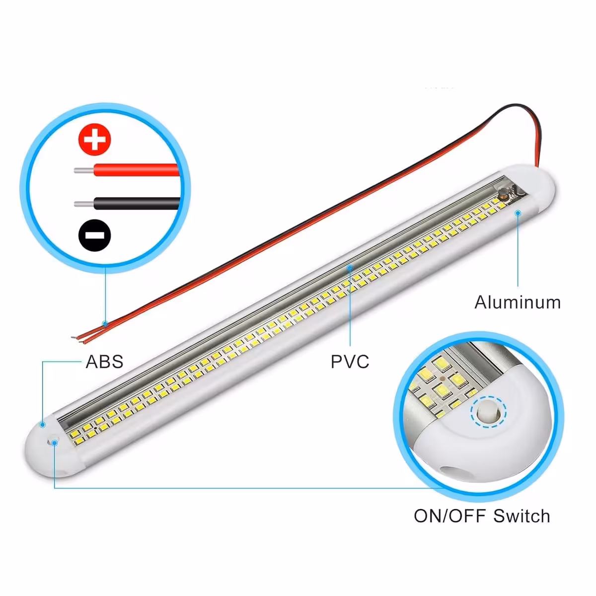 Tekninen tiedote, joka näyttää LED-valon materiaalit: muovikotelo ja alumiininen runko