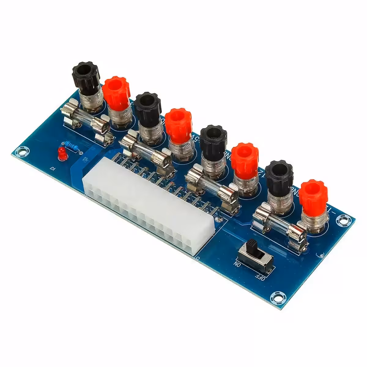 ATX-virtajakolevy merkityillä liittimillä