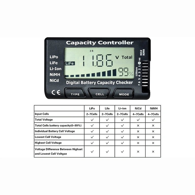 Digitaalinen 2-7S Li-Ion, LiPo, LiFe tester, korkea tarkkuus
