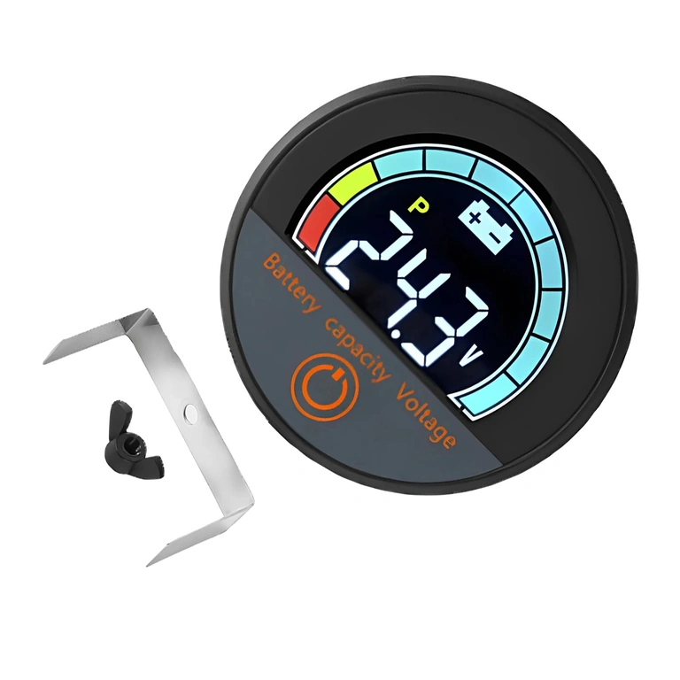Digitaalisen moduulin etunäkymä, prosenttimittari ja voltmetri, Li-ion ja LiFePO4, 12V–72V, pyörä, potkulauta ja skootteri