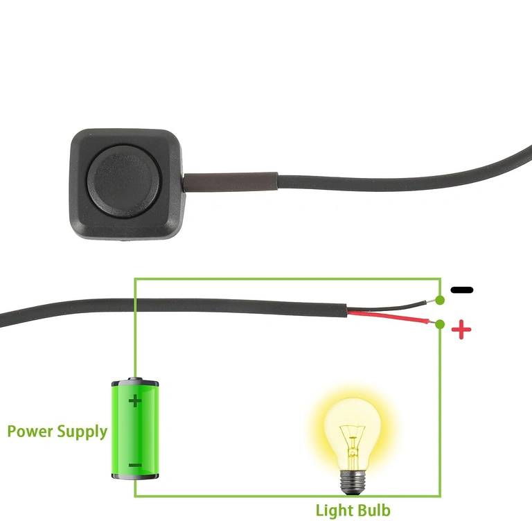 2-napainen kytkentäkaavio Kytkentäkaavio: punainen = plus, musta = miinus