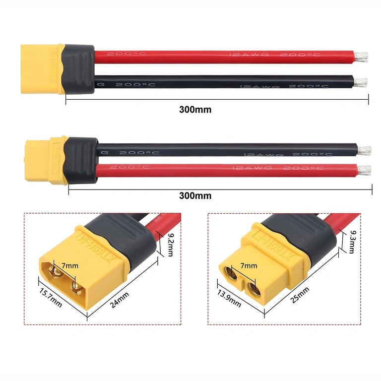 XT60-naaras- ja urosliittimen mittojen kaavio